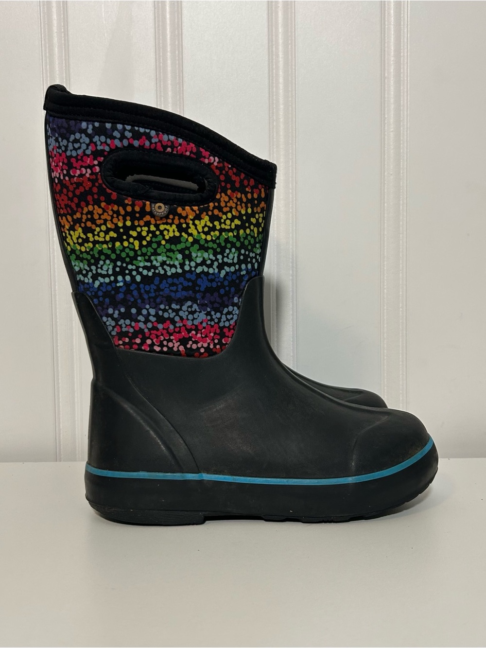 Bogs Kids Black Rain Boots with Rainbow Dot Upper rubber neoprene